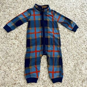 Carter’s Boys Warm Fleece Zipper Onesie. Navy with Brown Plaid Print. Size 9M.